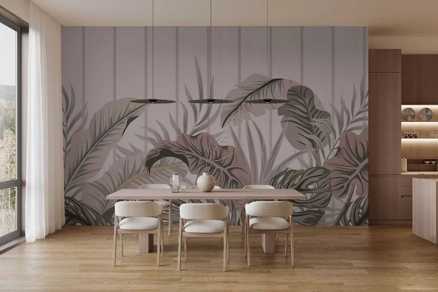 murales de pared Motivo de follaje tropical en tonos verdes y beige apagados sobre fondo claro con líneas verticales w08683v1