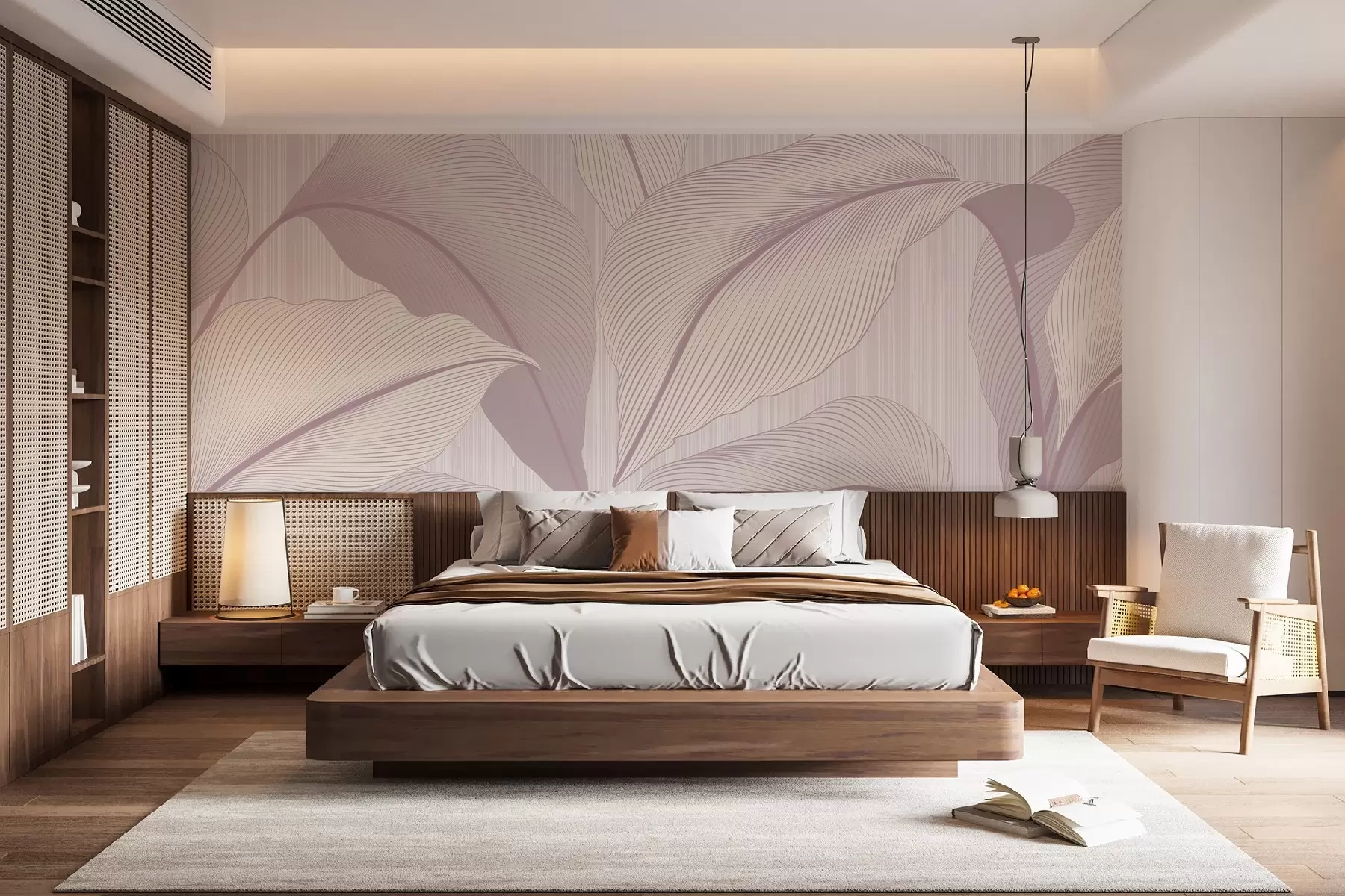 murales de pared Elegante motivo con grandes hojas en suaves tonos rosas sobre un fondo claro con delicados detalles de textura w08684v2