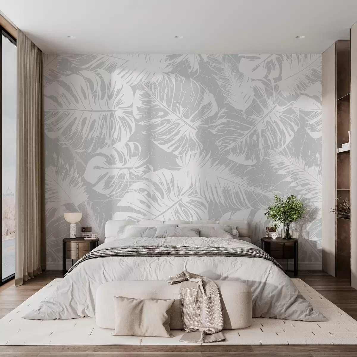 murales de pared Siluetas de hojas blancas sobre fondo texturizado w02895
