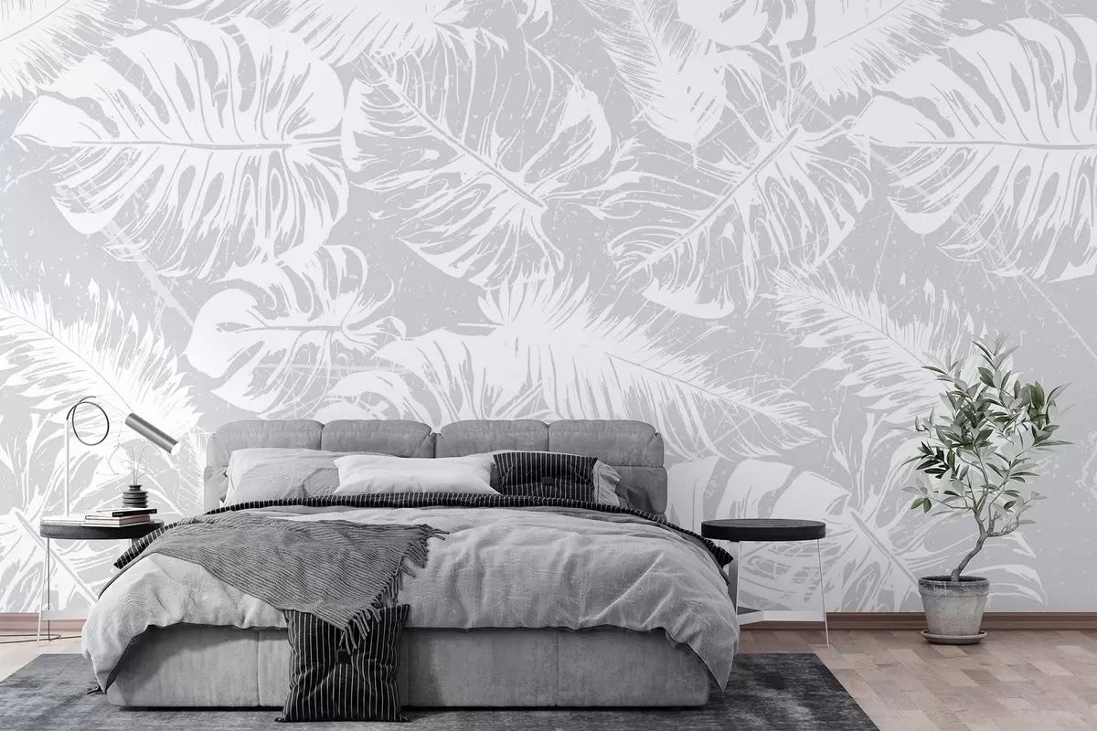 murales de pared Siluetas de hojas blancas sobre fondo texturizado w02895
