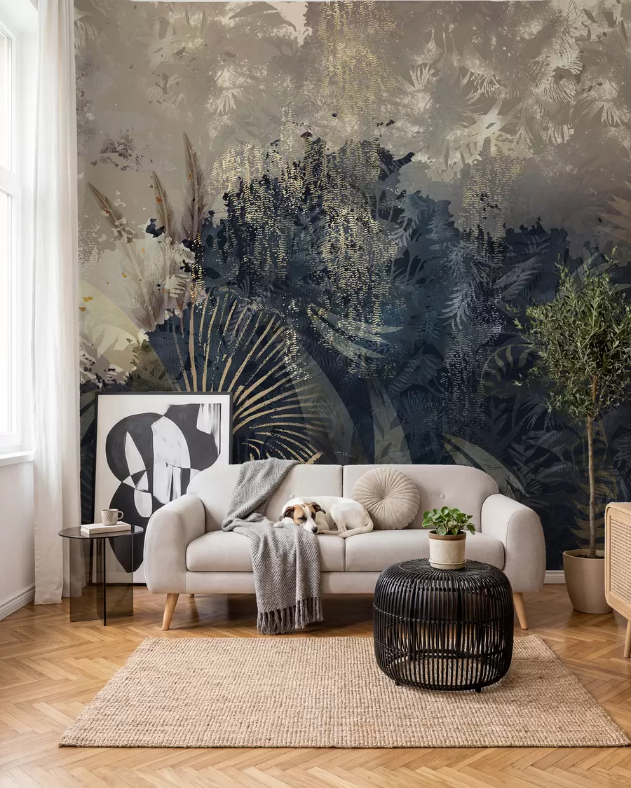 murales de pared África mágica con selva tropical y elementos vectoriales con tinte marrón w02643v1