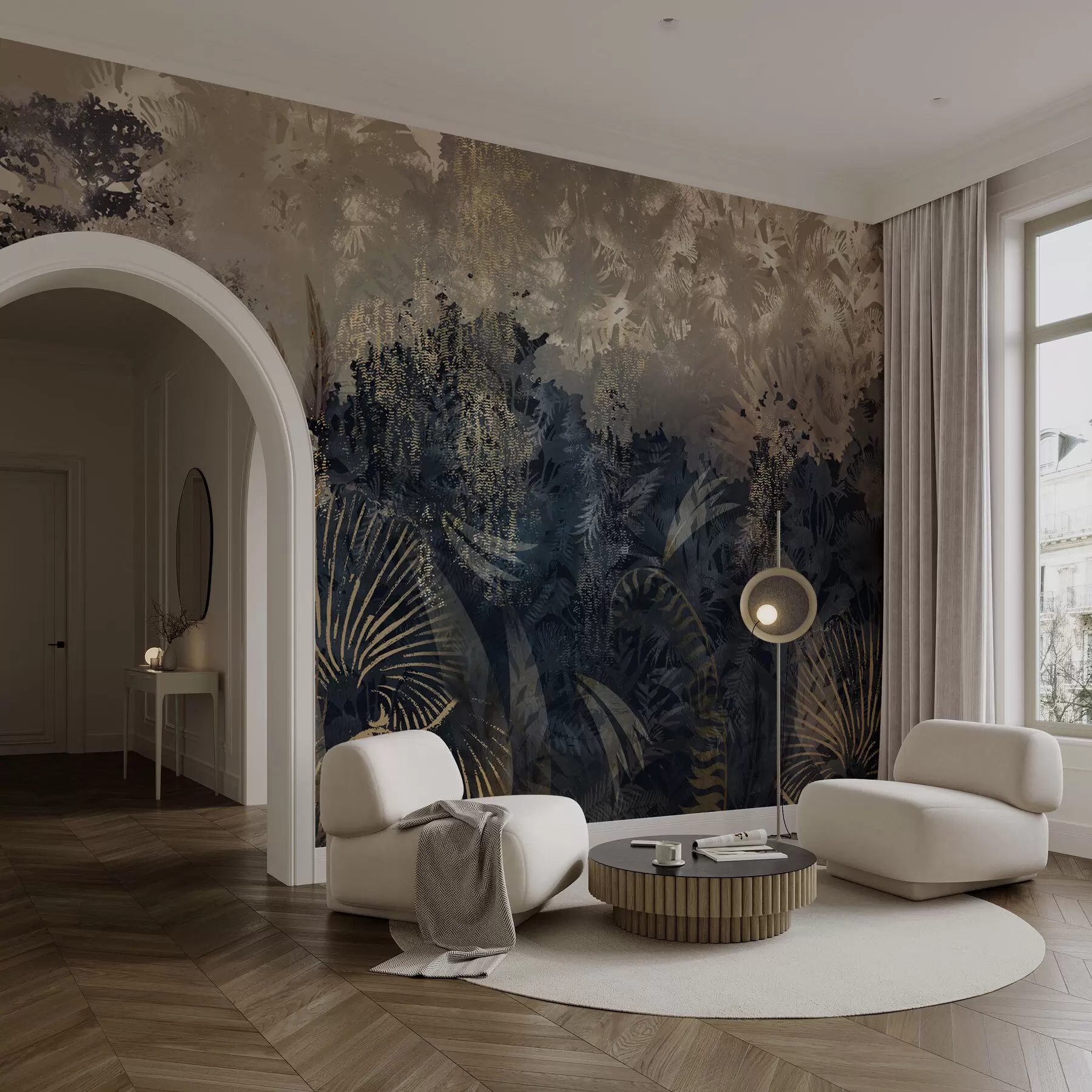 murales de pared África mágica con selva tropical y elementos vectoriales con tinte marrón w02643v1