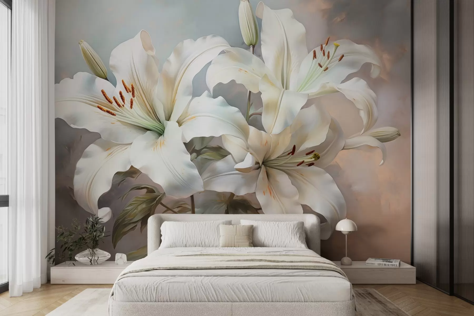 murales de pared Elegantes lirios blancos en tonos pastel con una textura que imita pinceladas w08678
