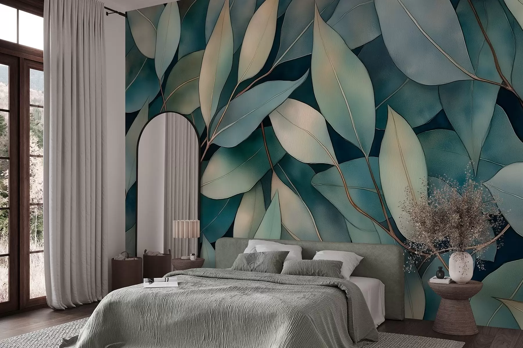 murales de pared Hojas de eucalipto, dibujo estilo acuarela, motivo floral, colores verdes w02931