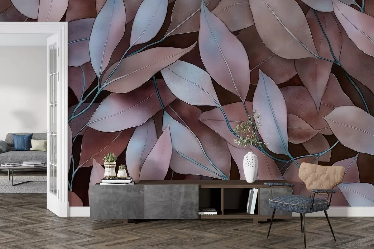 murales de pared Hojas de eucalipto, dibujo estilo acuarela, motivo floral, colores marrones w02931v1
