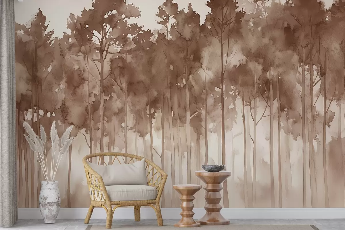 murales de pared Bosque estilo acuarela, pinos, paisaje natural, colores beige w02937v1