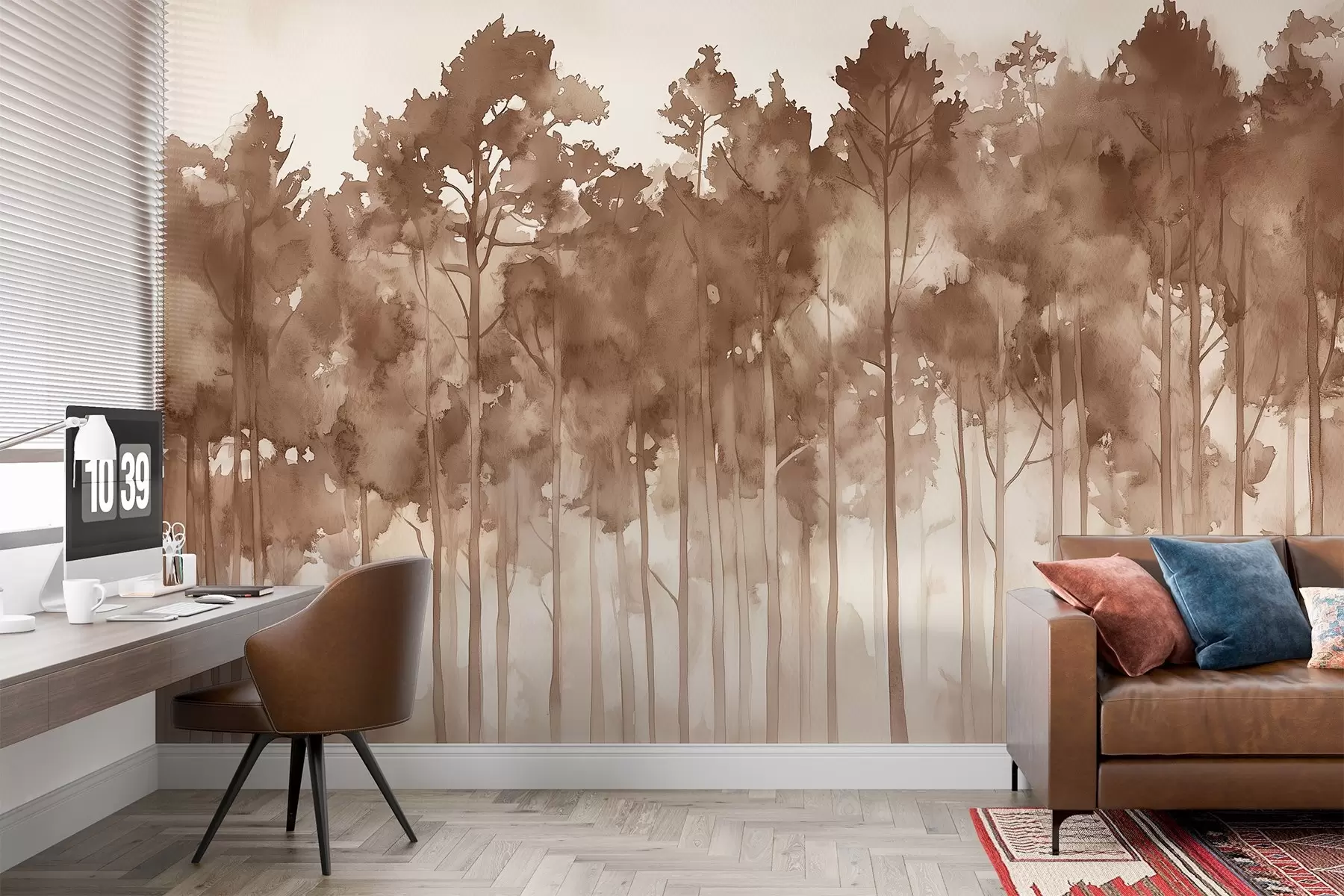 murales de pared Bosque estilo acuarela, pinos, paisaje natural, colores beige w02937v1