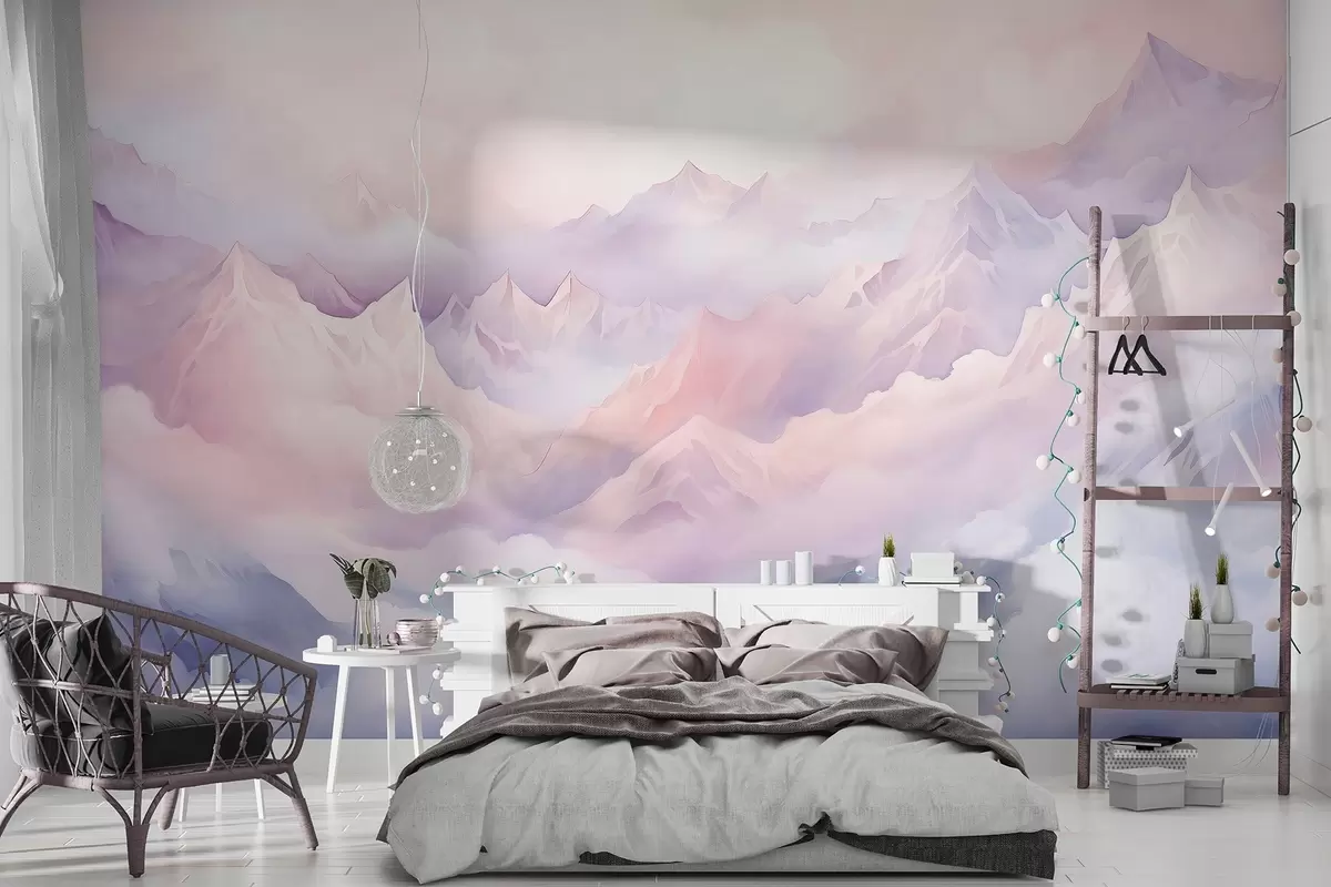 murales de pared Montañas etéreas con nubes, estilo acuarela, suaves colores púrpura y rosa w02943