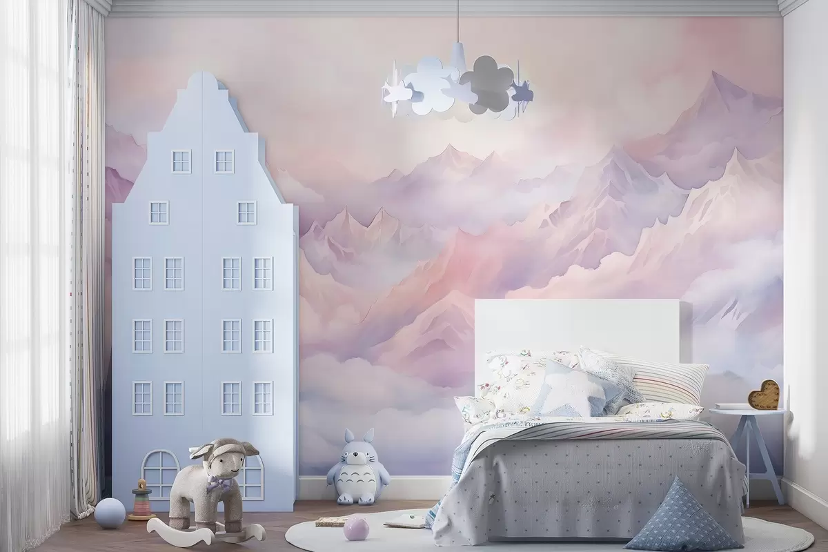 murales de pared Montañas etéreas con nubes, estilo acuarela, suaves colores púrpura y rosa w02943