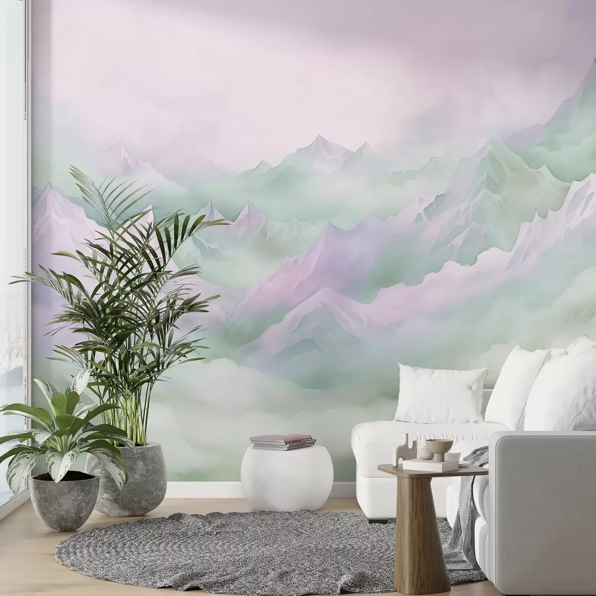 murales de pared Montañas etéreas con nubes, estilo acuarela, suaves colores verde y rosa w02943v1