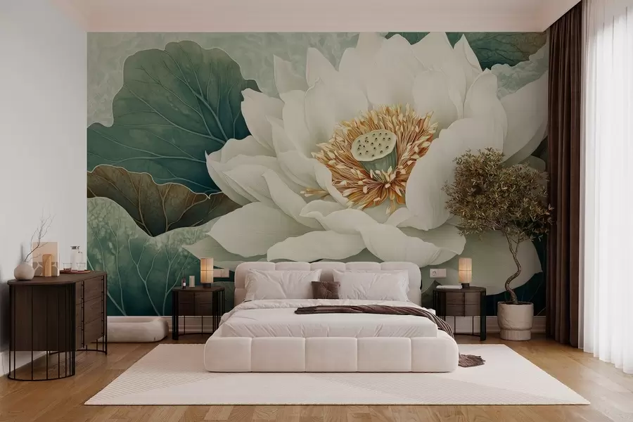 murales de pared Nenúfar grande sobre un fondo de hojas w02905