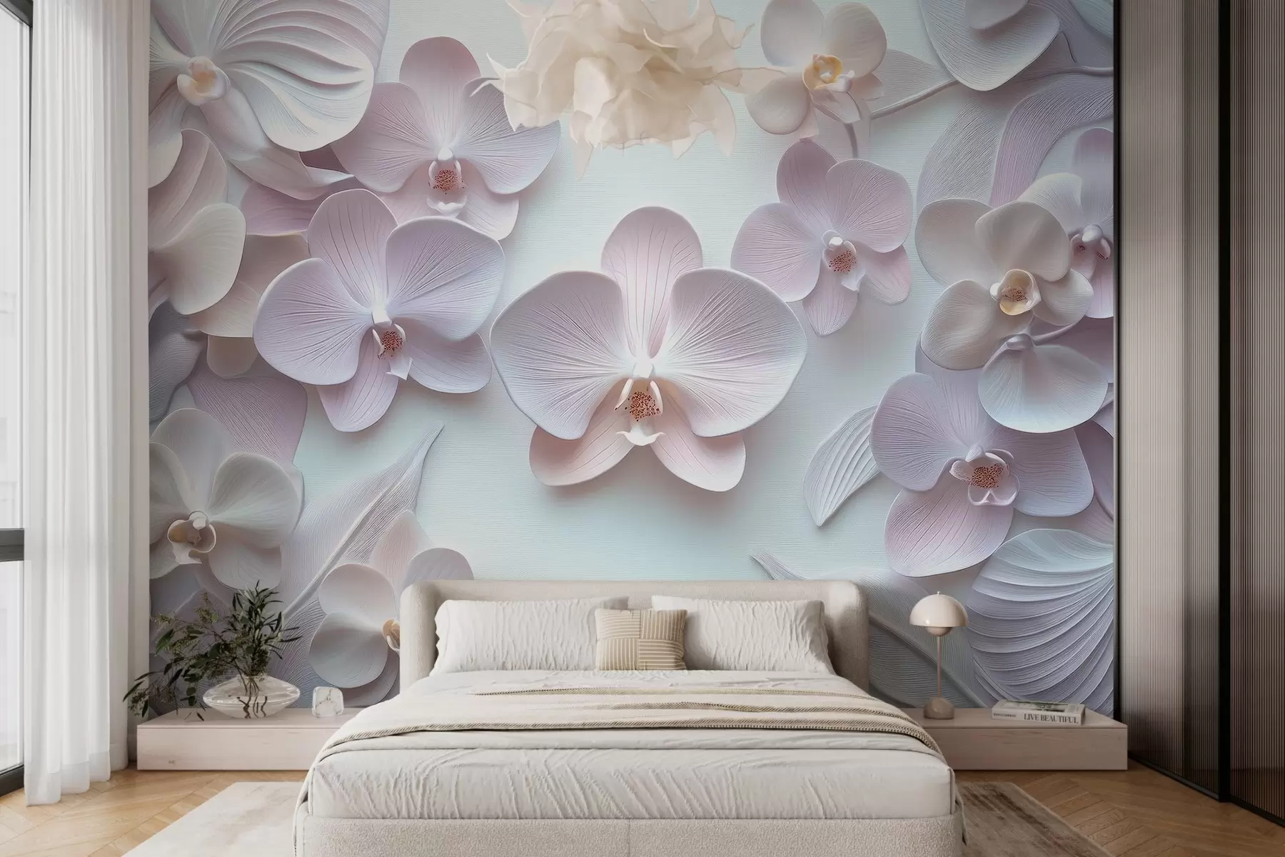 murales de pared Delicadas flores de arquidios en colores claros con imitación 3D  w02912