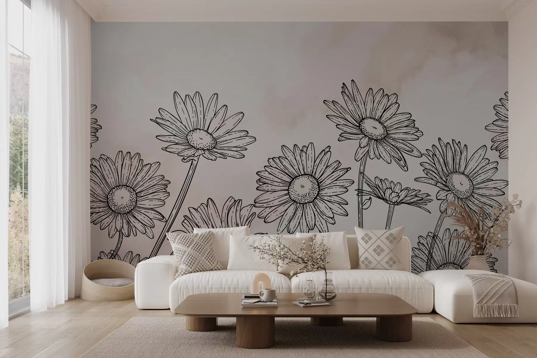murales de pared Margaritas pintadas sobre fondo claro w02951
