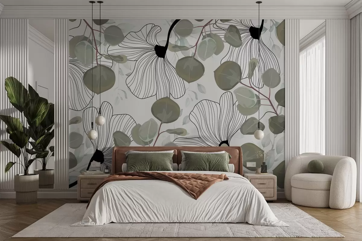 murales de pared Composición de flores blancas y hojas verdes w02955