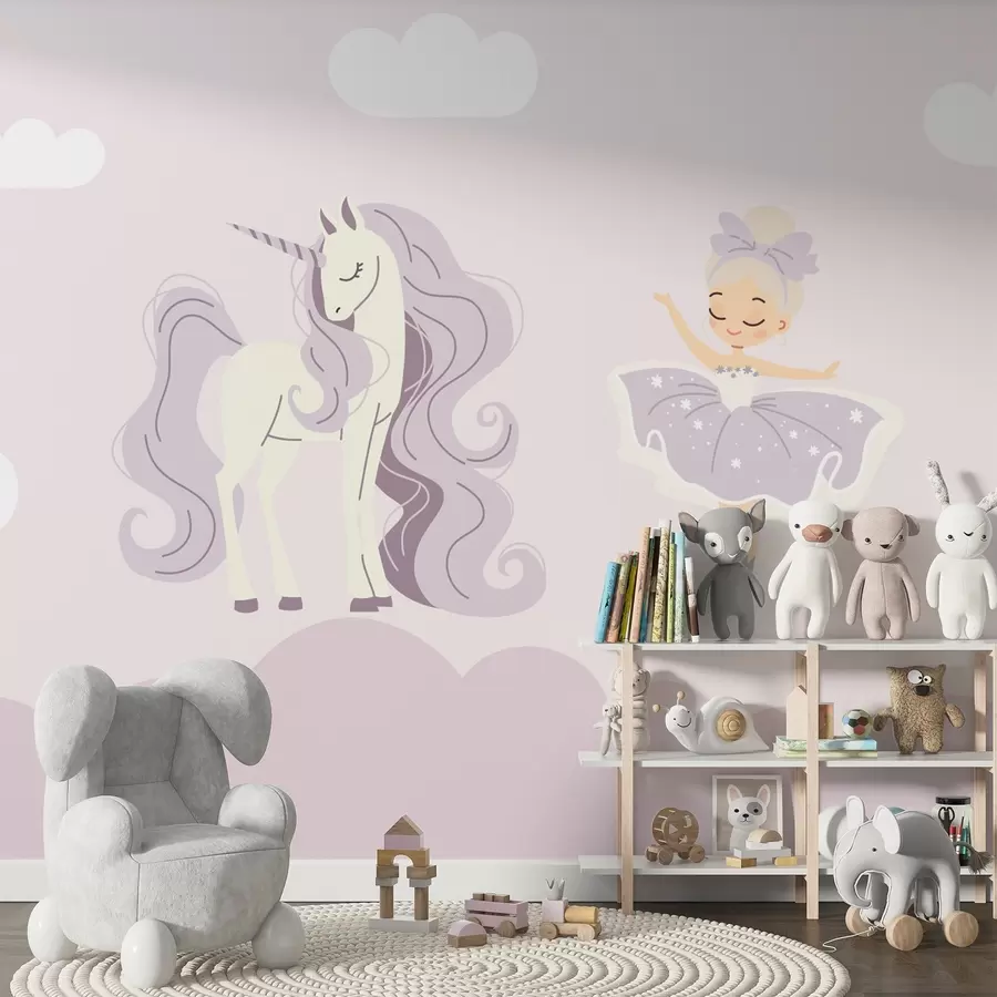 murales de pared Unicornio y bailarina en tonos rosas w02965v1