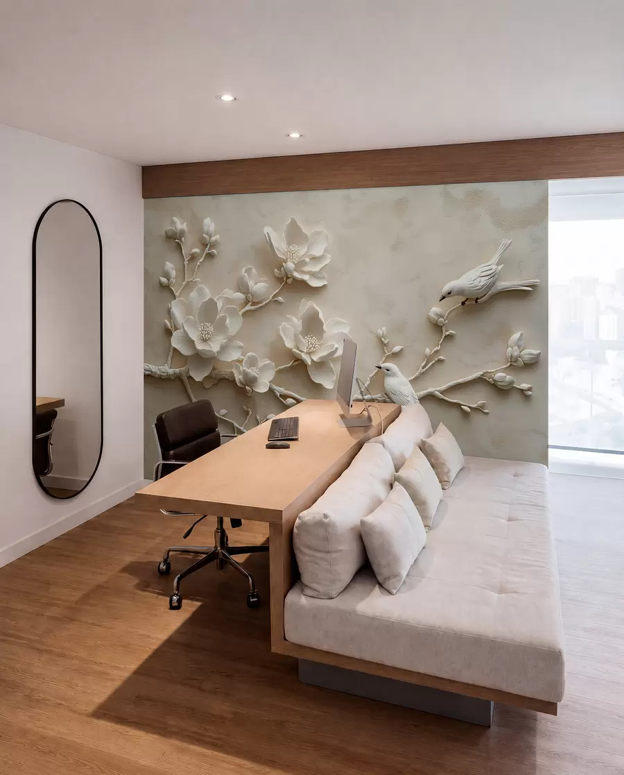 murales de pared ramas de magnolia en 3D con pájaros w08690
