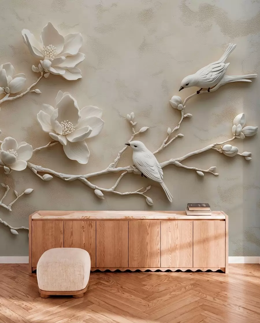 murales de pared ramas de magnolia en 3D con pájaros w08690