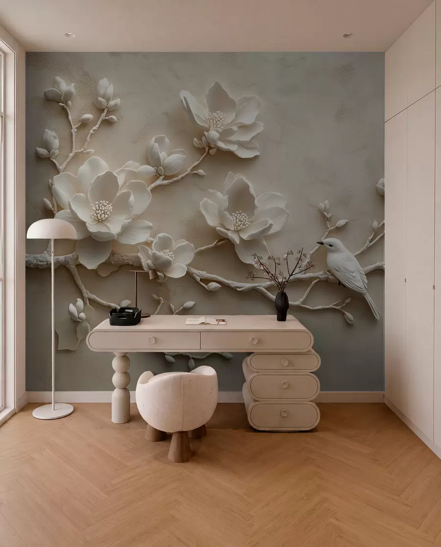 murales de pared ramas de magnolia en 3D con pájaros w08690