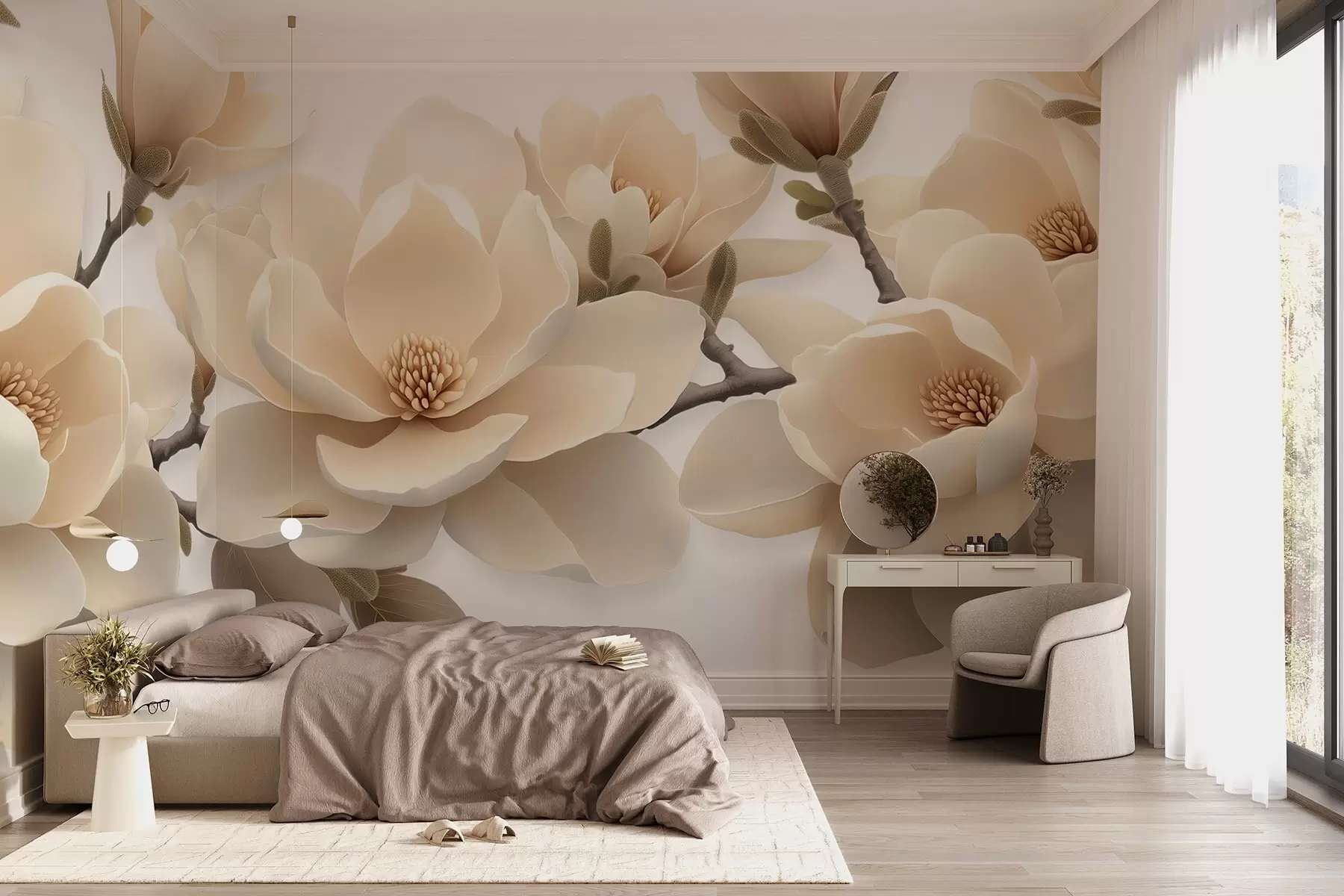 murales de pared Flores de magnolia beige en tono crema sobre fondo blanco w08692