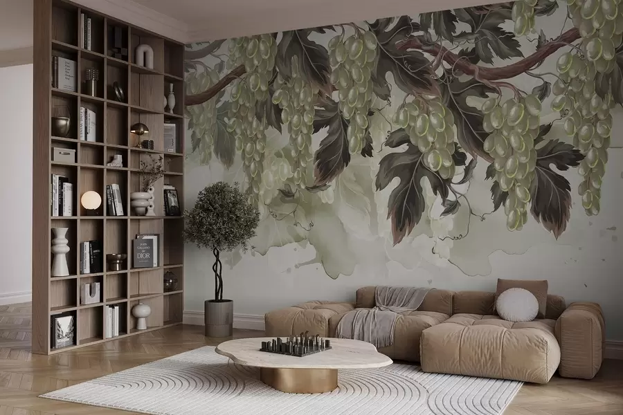 murales de pared Uvas colgando de una parra con hojas verdes, sobre un fondo claro con texturas tipo acuarela w08696