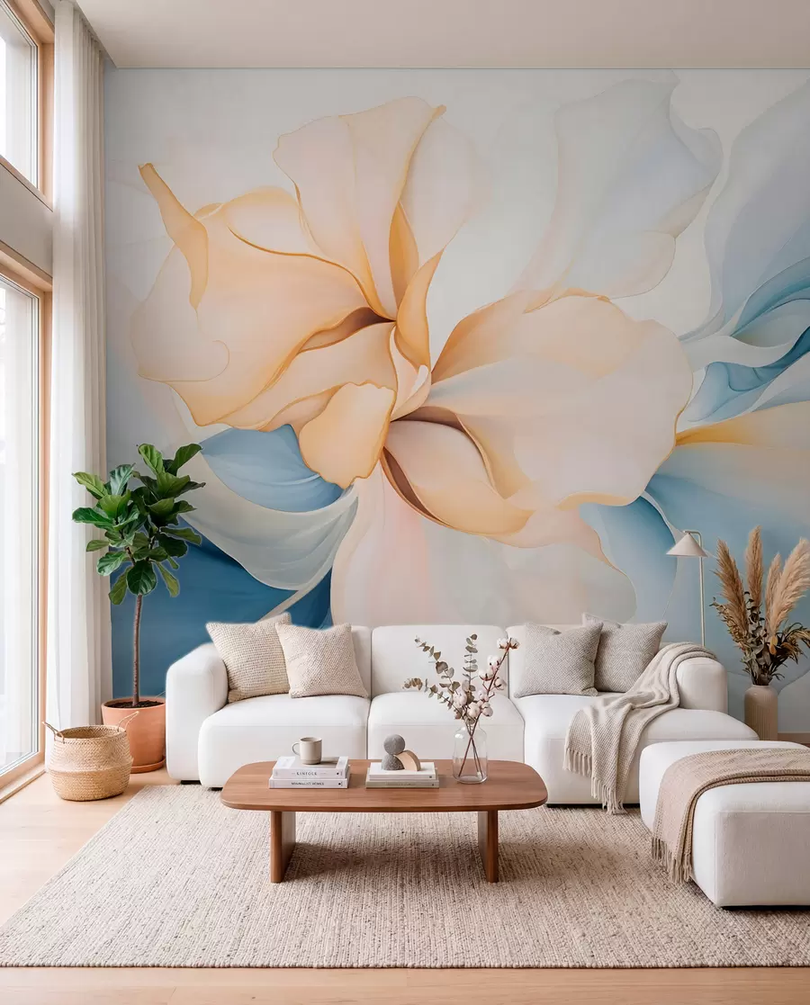 murales de pared Pétalos florales abstractos fluidos de formas translúcidas y superpuestas en colores pastel, en tonos melocotón y azul w08701