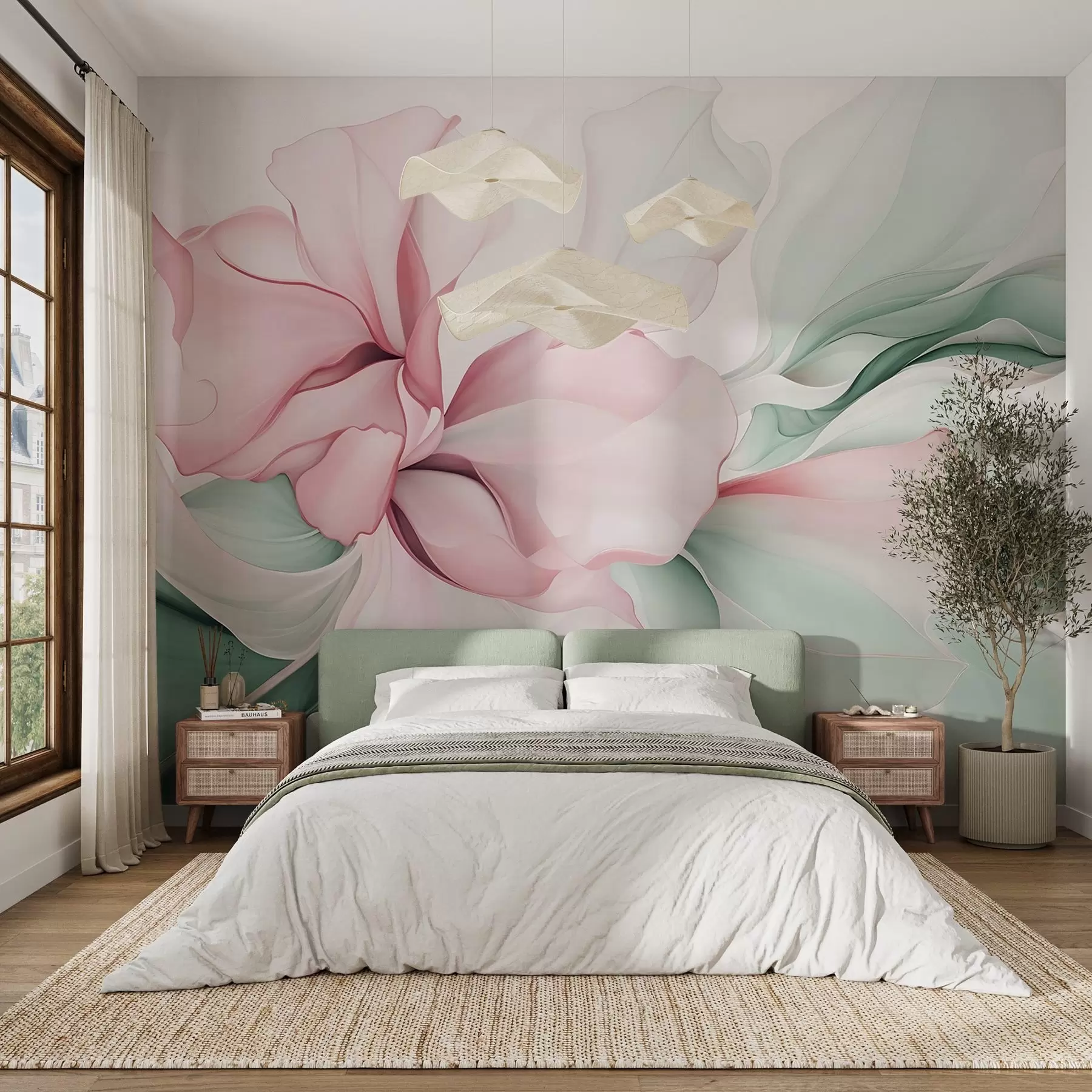 murales de pared Pétalos florales abstractos fluidos de formas translúcidas y superpuestas en colores pastel, en tonos rosas y verdes w08701v1