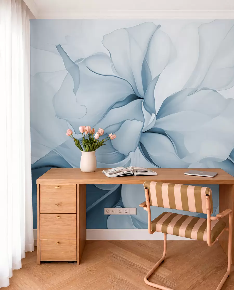 murales de pared Pétalos florales abstractos fluidos de formas translúcidas y estratificadas en colores pastel, en tonos azules w08701v2