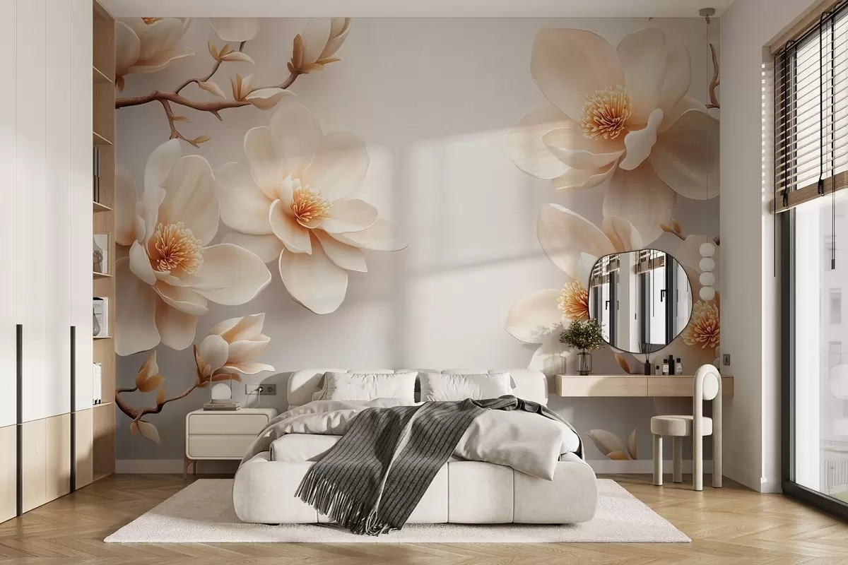 murales de pared Preciosas flores de magnolia de color crema sobre fondo blanco w08704