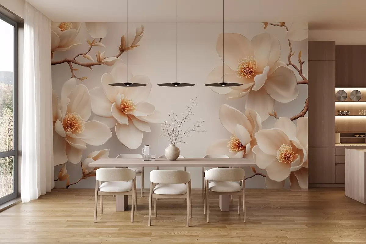 murales de pared Preciosas flores de magnolia de color crema sobre fondo blanco w08704