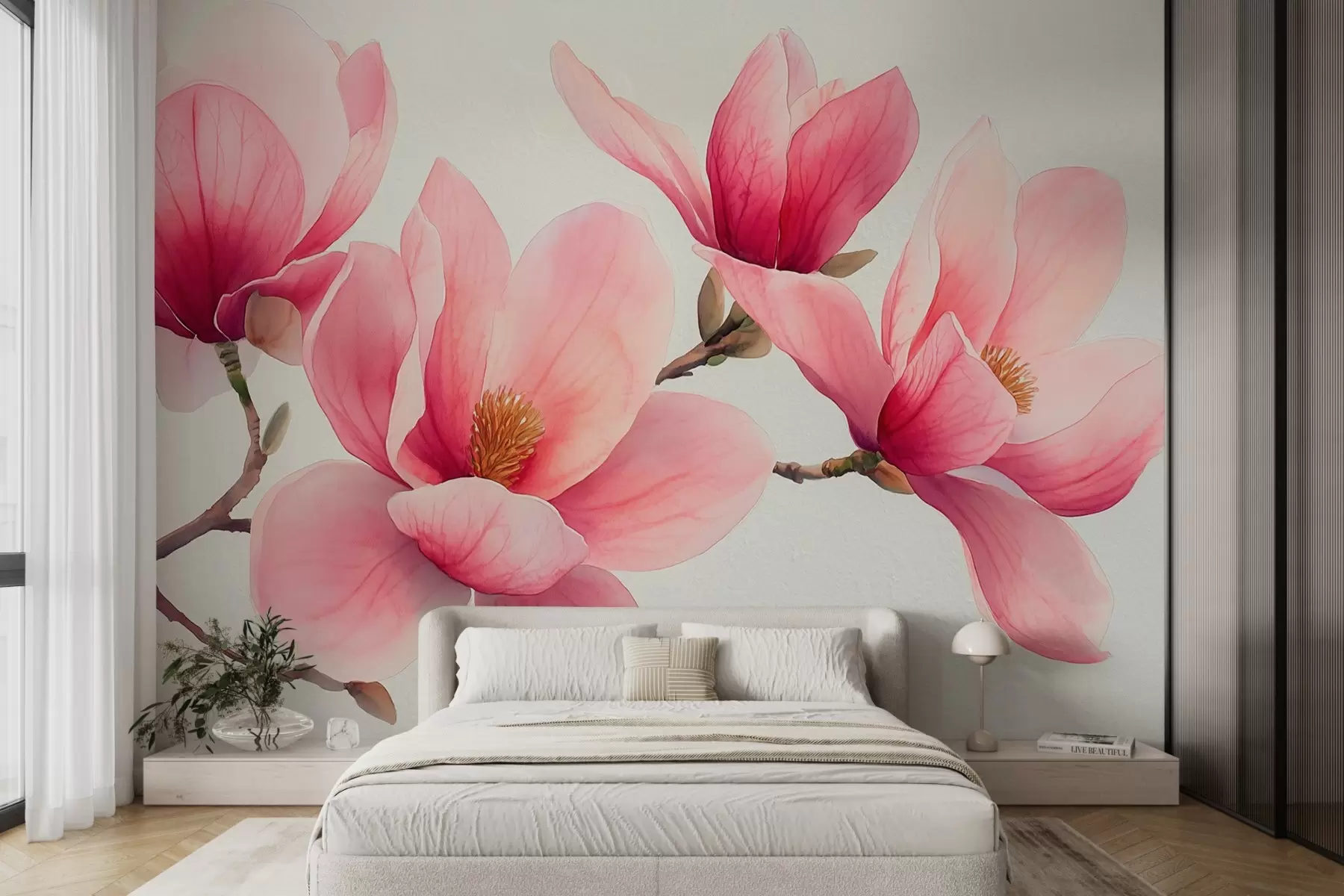 murales de pared Flores de magnolia rosa de primavera en estilo acuarela sobre fondo gris claro w08709