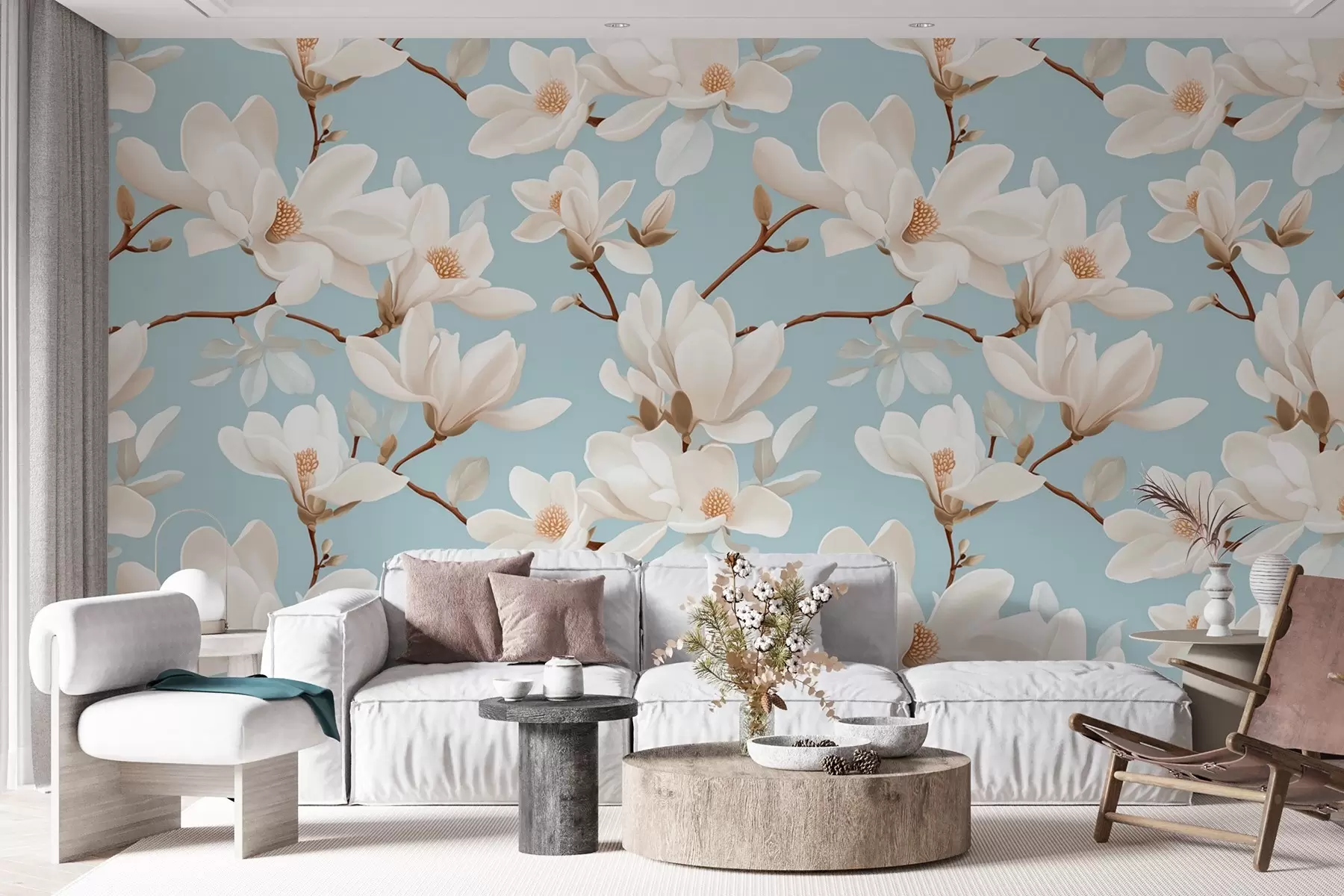 murales de pared Patrón de flores blancas de magnolia, fondo azul pastel, hojas y ramas blancas w08726