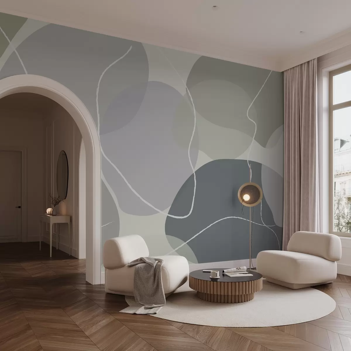 murales de pared Estampado abstracto de suaves formas orgánicas en tonos gris verdoso y beige, acentuado por delicadas líneas blancas w03039
