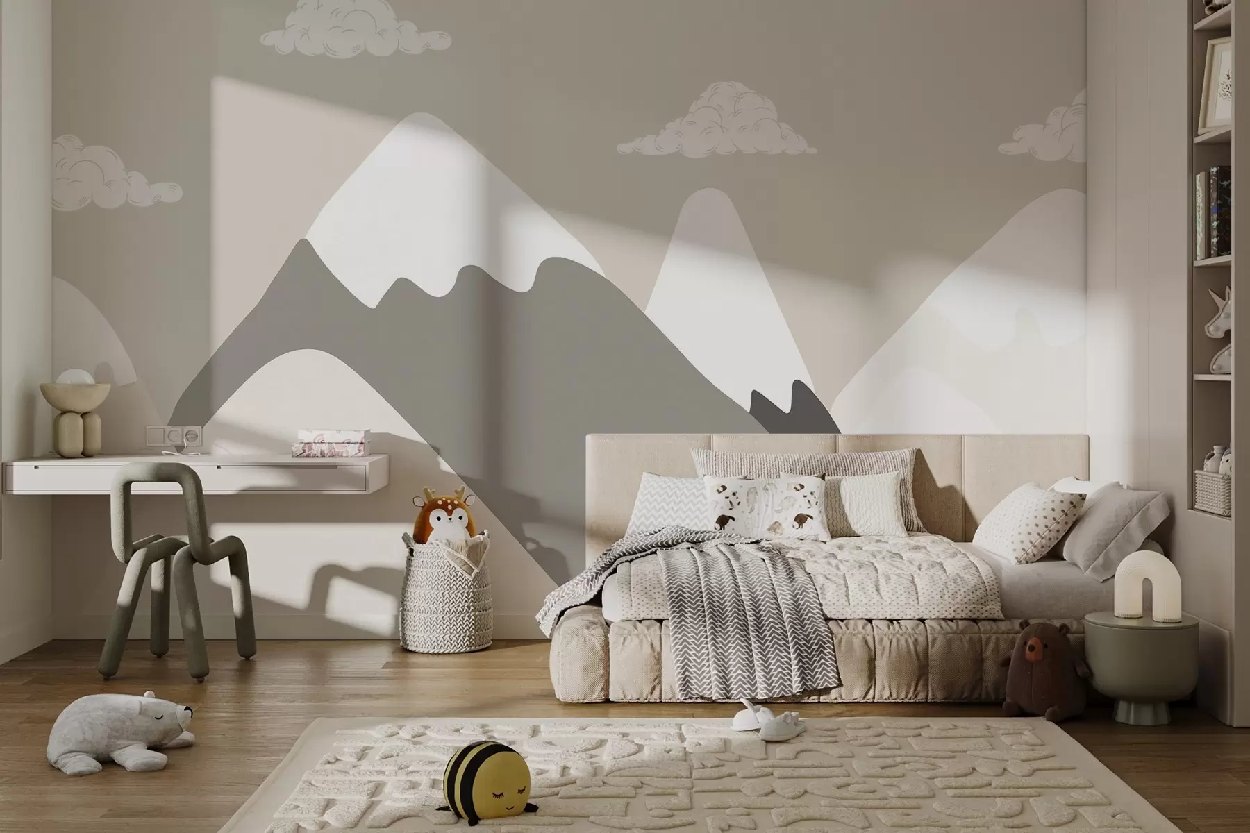 murales de pared Paisaje minimalista de montaña con suaves siluetas de picos nevados en tonos beige claro y gris, con suaves nubes blancas de fondo w03040v2