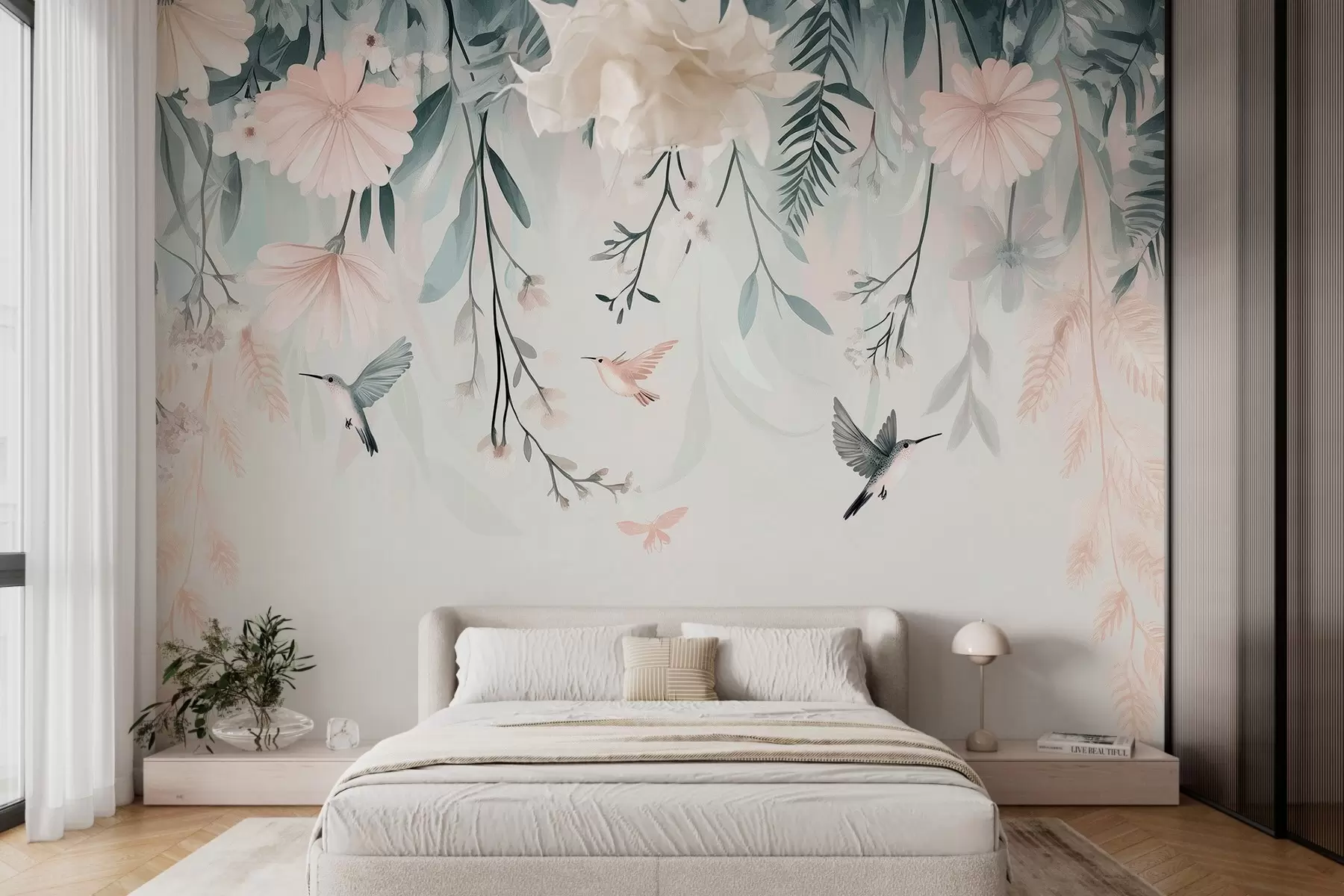 murales de pared flores rosas en técnica de imitación de pintura colgando desde arriba w03012