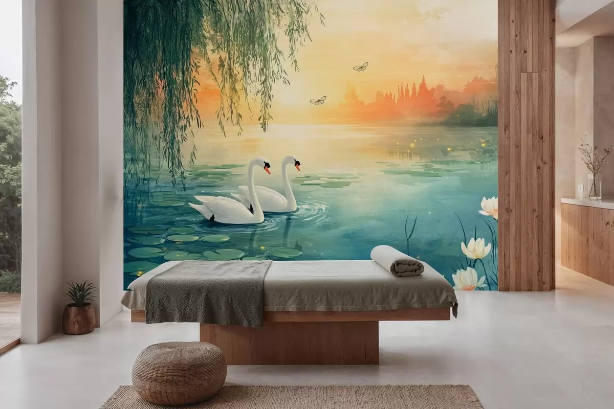 murales de pared Paisaje romántico al óleo con dos cisnes blancos en el lago w03017