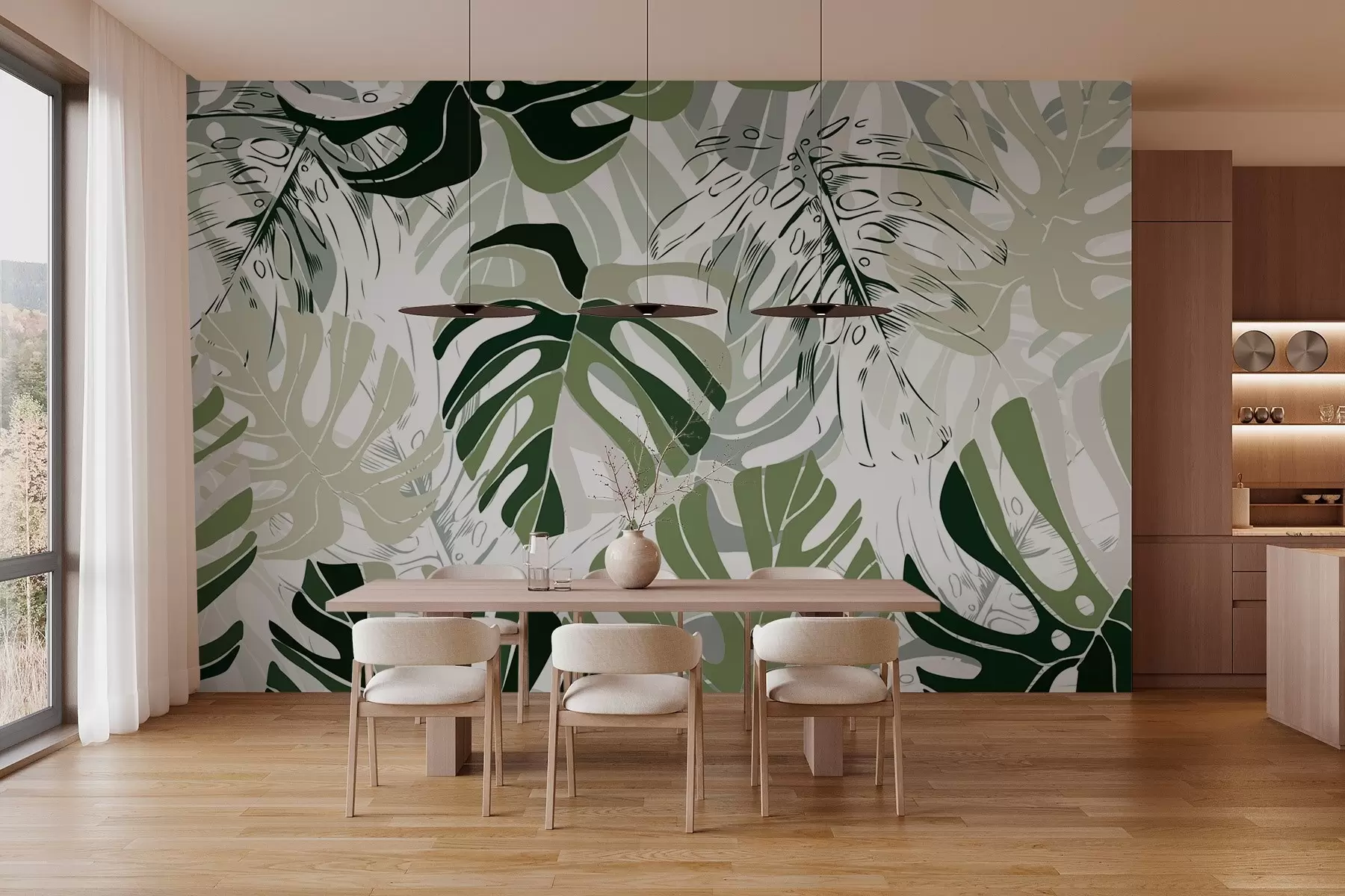 murales de pared Hojas de Monstera en estilo gráfico w02995
