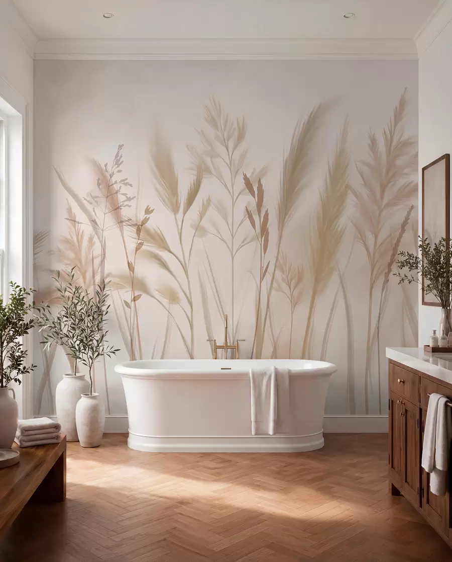 murales de pared Hierbas altas y delicadas, espiguillas y plantas en suaves tonos beige y crema, sobre un fondo ligeramente difuminado w08736