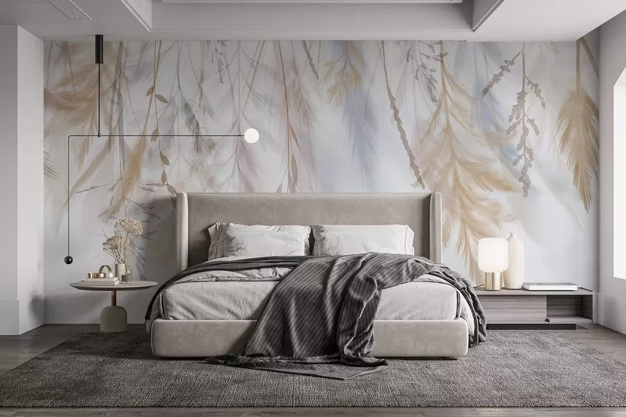 murales de pared Delicadas hierbas, espiguillas y plantas en tonos pastel, dispuestas en un estampado en cascada sobre un fondo pálido w08737