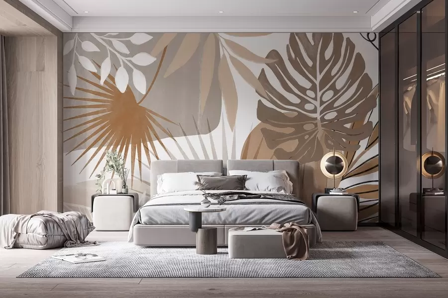 murales de pared Diseño abstracto con varias hojas tropicales en tonos tierra, marrón, beige y crema  w08738