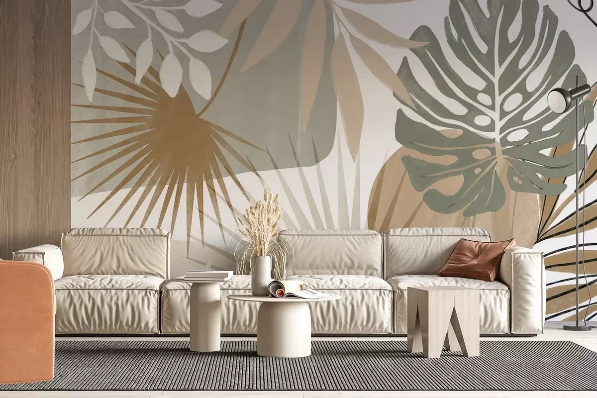 murales de pared Diseño abstracto con varias hojas tropicales en tonos tierra, verde, beige y crema  w08738v1