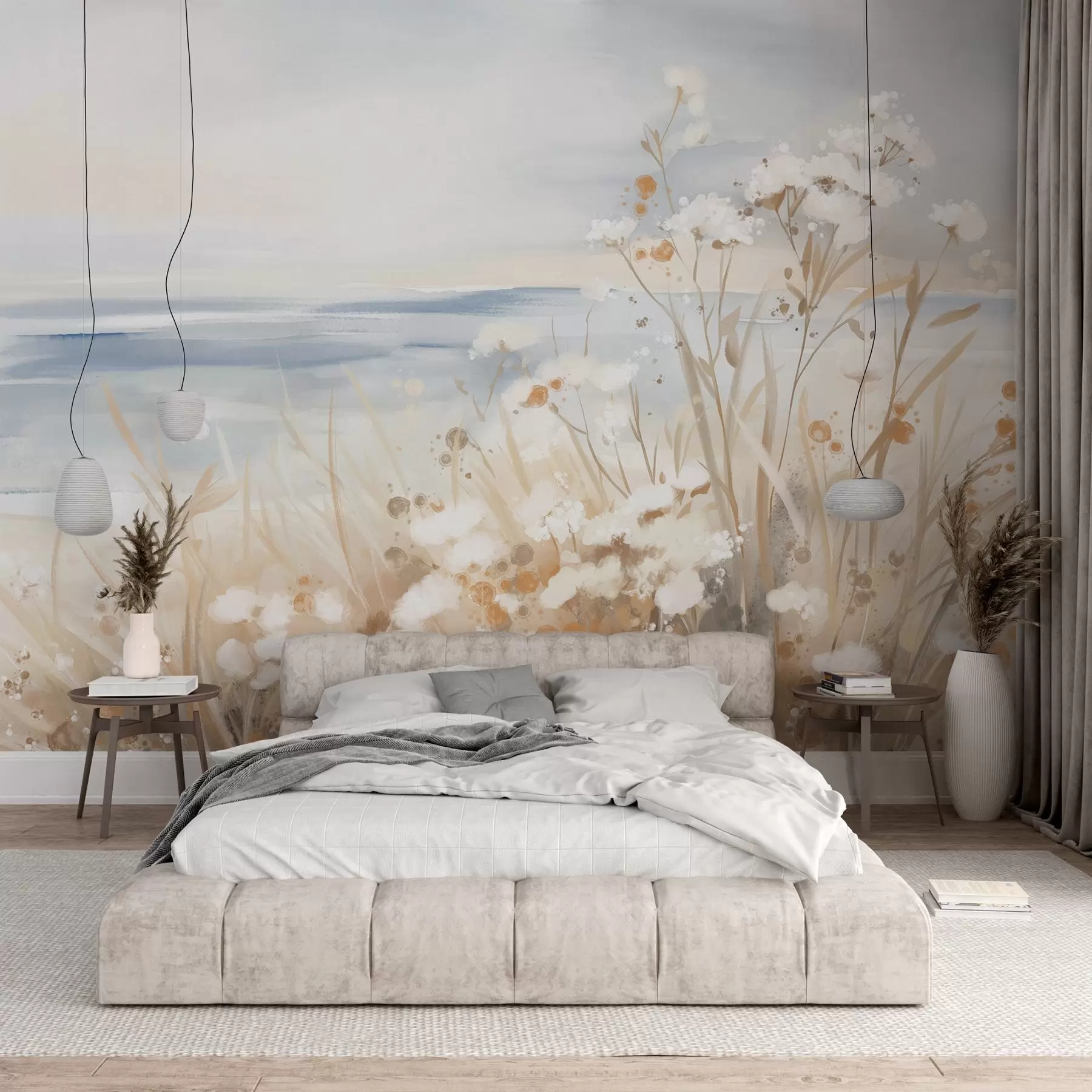 murales de pared Flores abstractas blancas con delicados tallos en una hierba, sobre un fondo suave y apagado de un mar y un cielo en calma  w08740