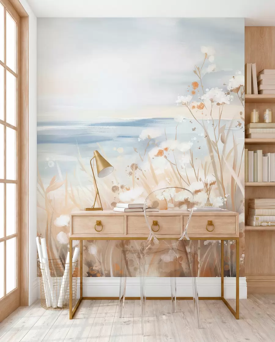 murales de pared Flores abstractas blancas con delicados tallos en una hierba, sobre un fondo suave y apagado de un mar y un cielo en calma  w08740