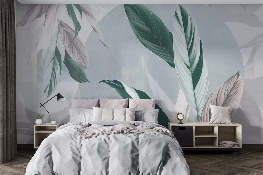 murales de pared Composición geométrica moderna y abstracta de textura con hojas detalladas en tonos verdes, morados claros y blancos w08741v1