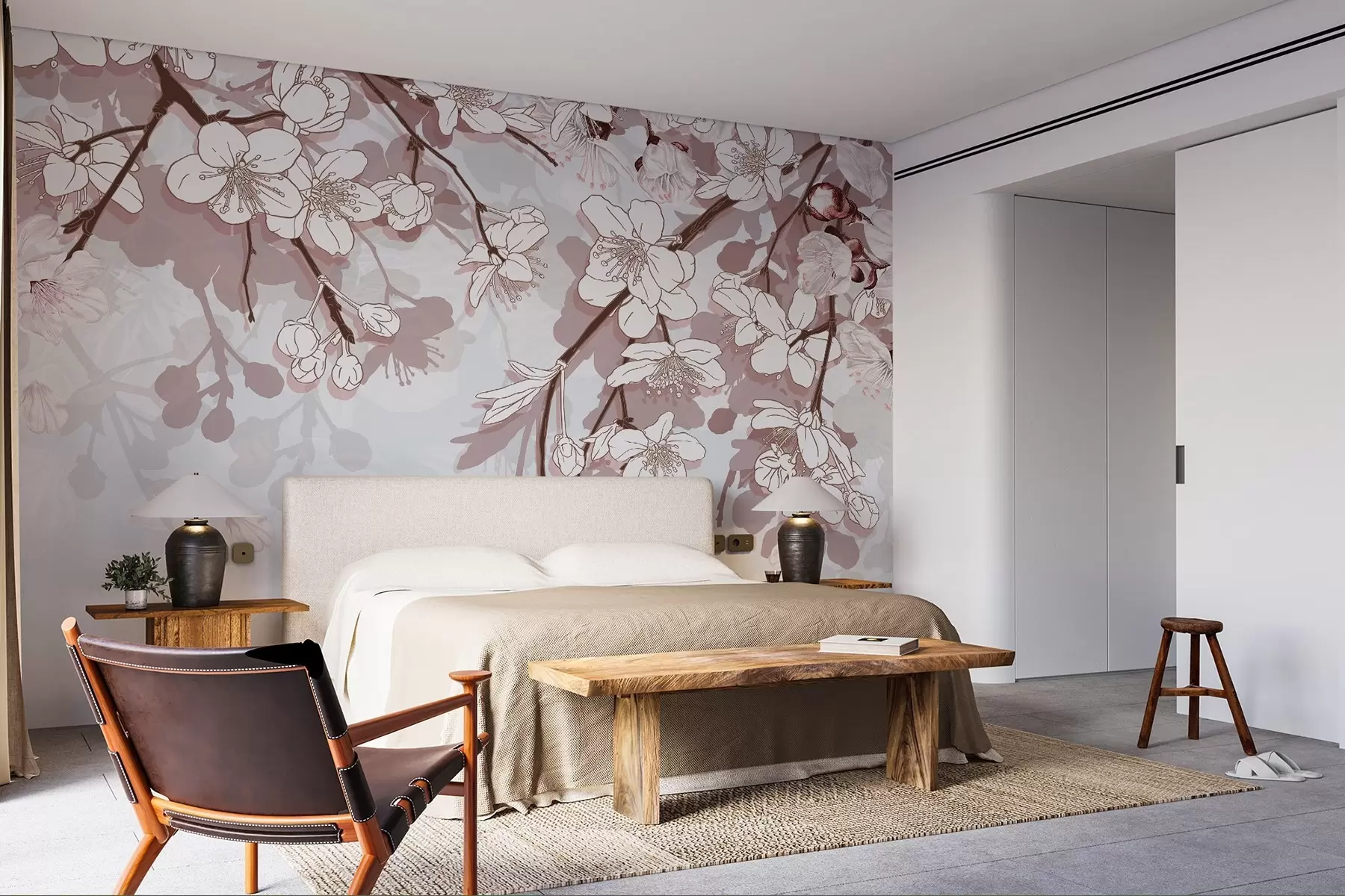 murales de pared Ramas de cerezos en flor con delicadas flores blancas y toques rosas sobre un fondo azul claro w08743