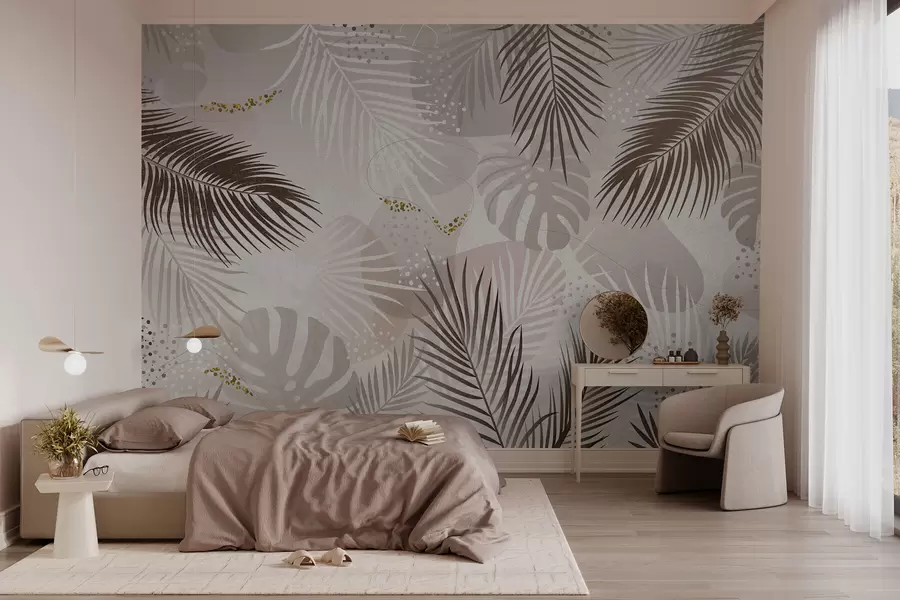 murales de pared Tendencia abstracta de hojas y líneas tropicales w03060