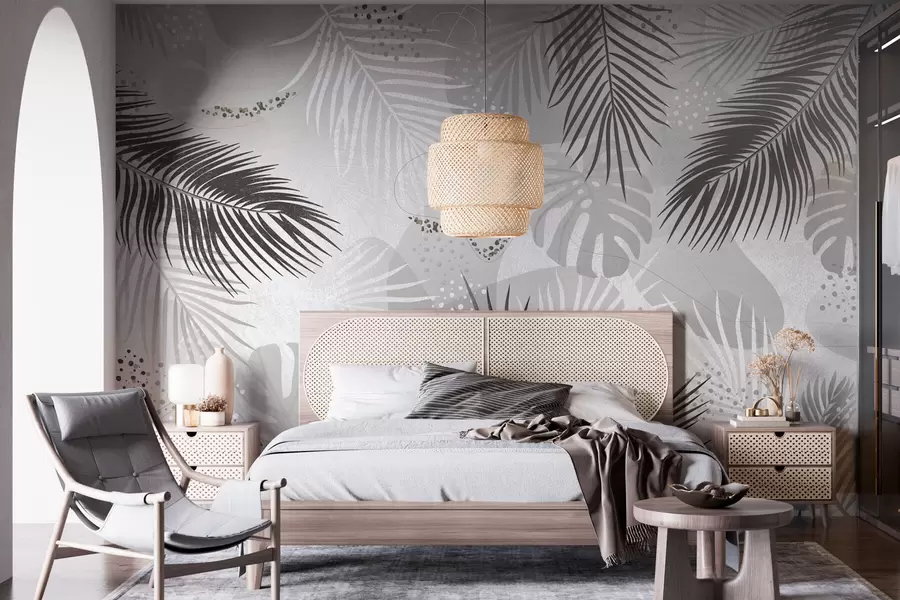 murales de pared Tendencia abstracta de hojas y líneas tropicales w03060v2