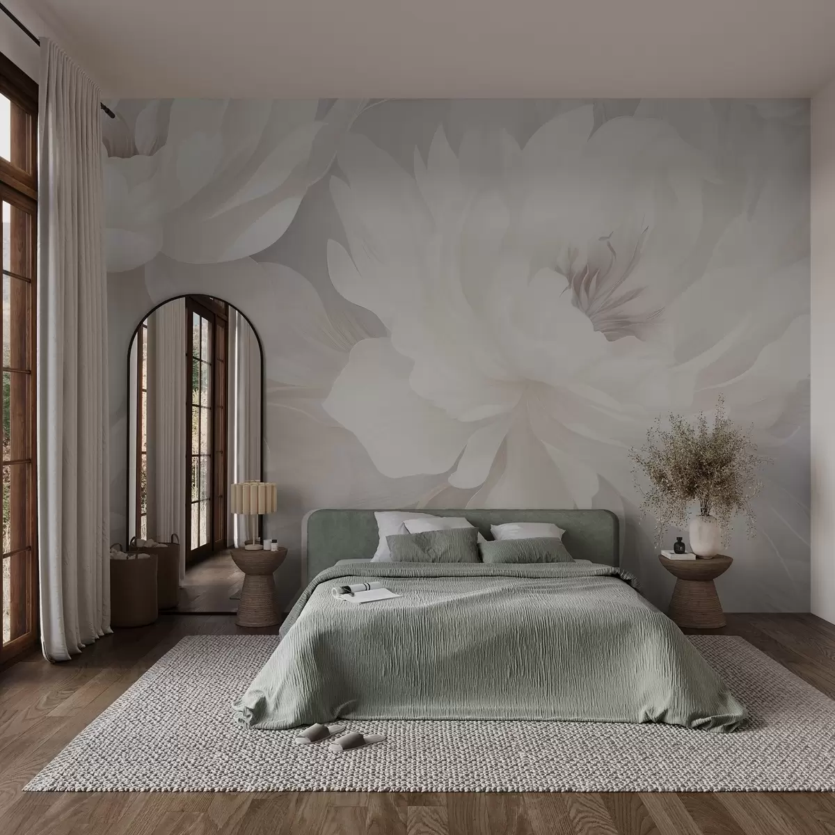 murales de pared Delicadas flores voluminosas en suaves tonos blanco-crema sobre un fondo suave w03045