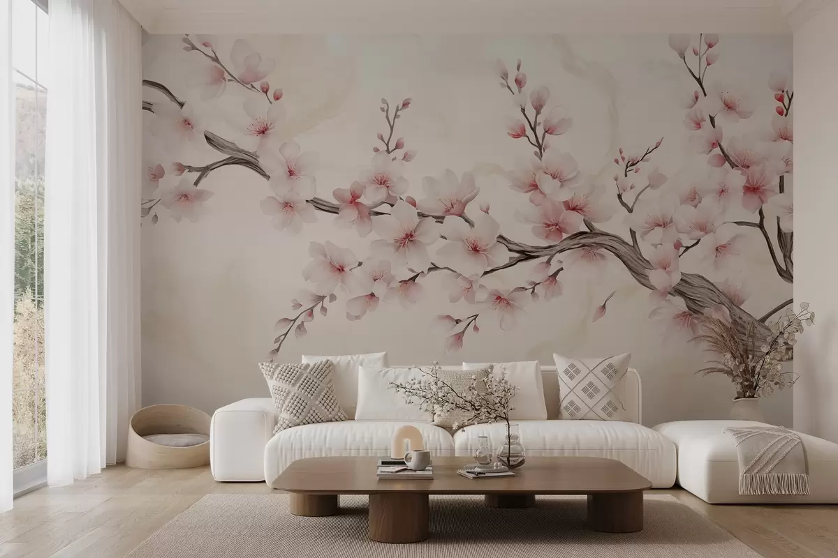 murales de pared Una delicada rama de cerezo con flores de color rosa suave sobre un fondo claro w03079