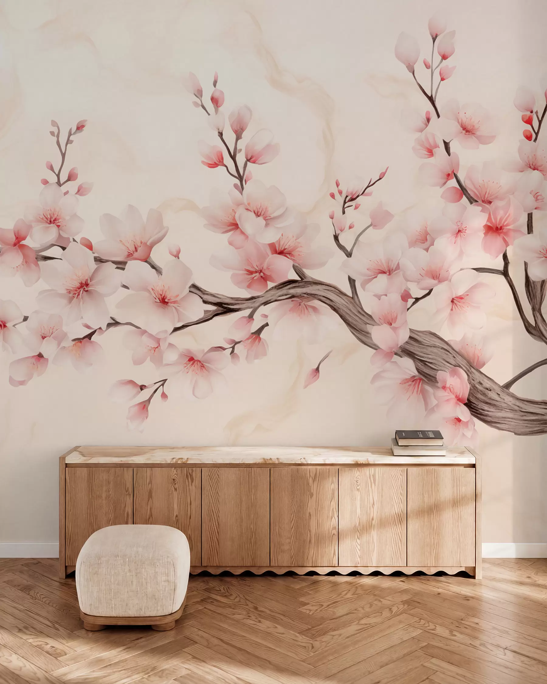 murales de pared Una delicada rama de cerezo con flores de color rosa suave sobre un fondo claro w03079