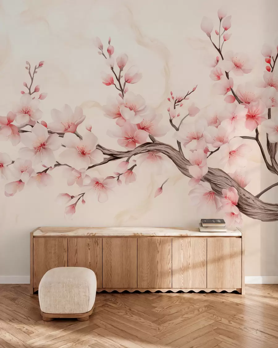 murales de pared Una delicada rama de cerezo con flores de color rosa suave sobre un fondo claro w03079